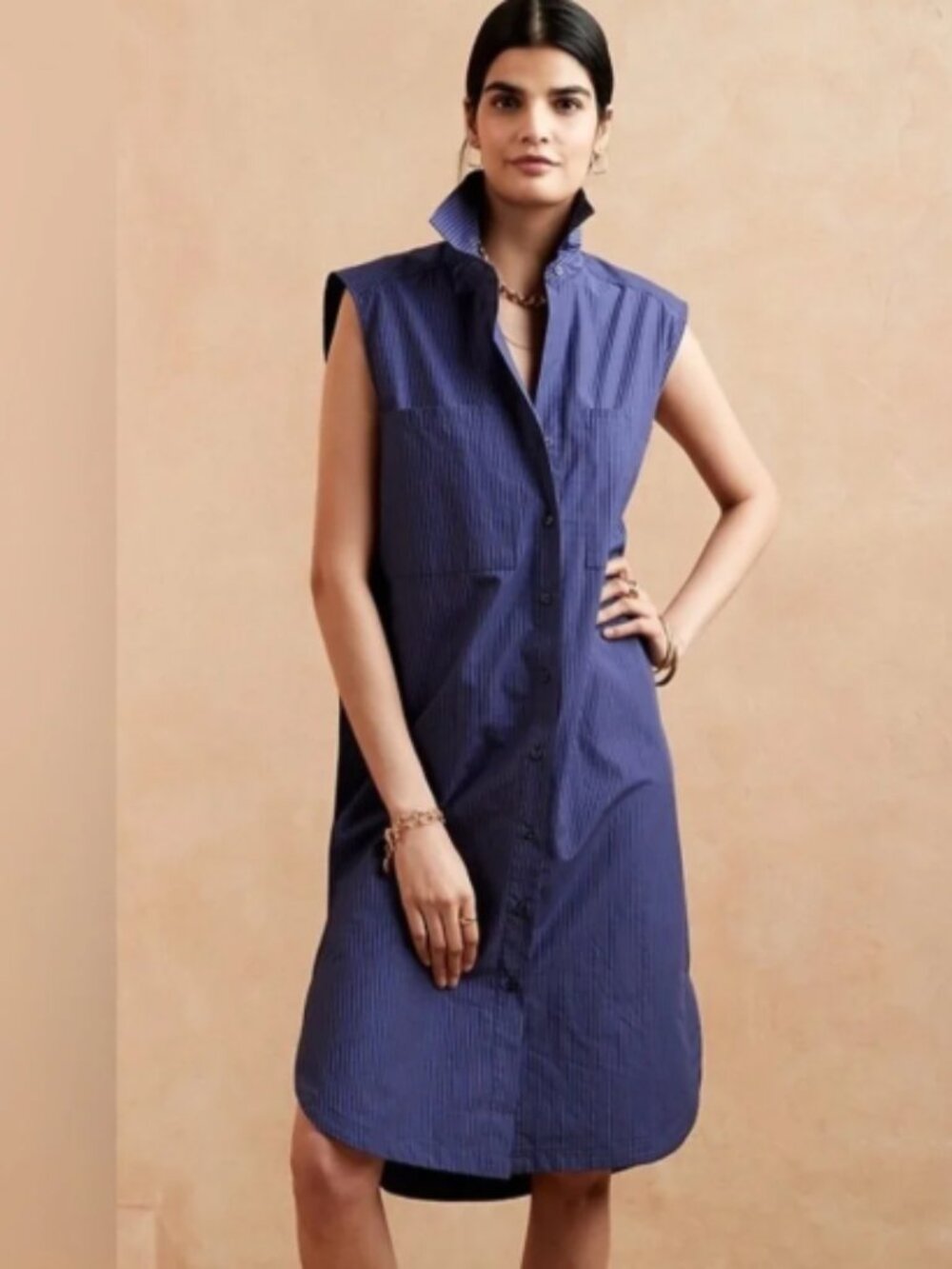 Banana Republic Sleeveless Button-Front Midi Dress in Royal Stripe